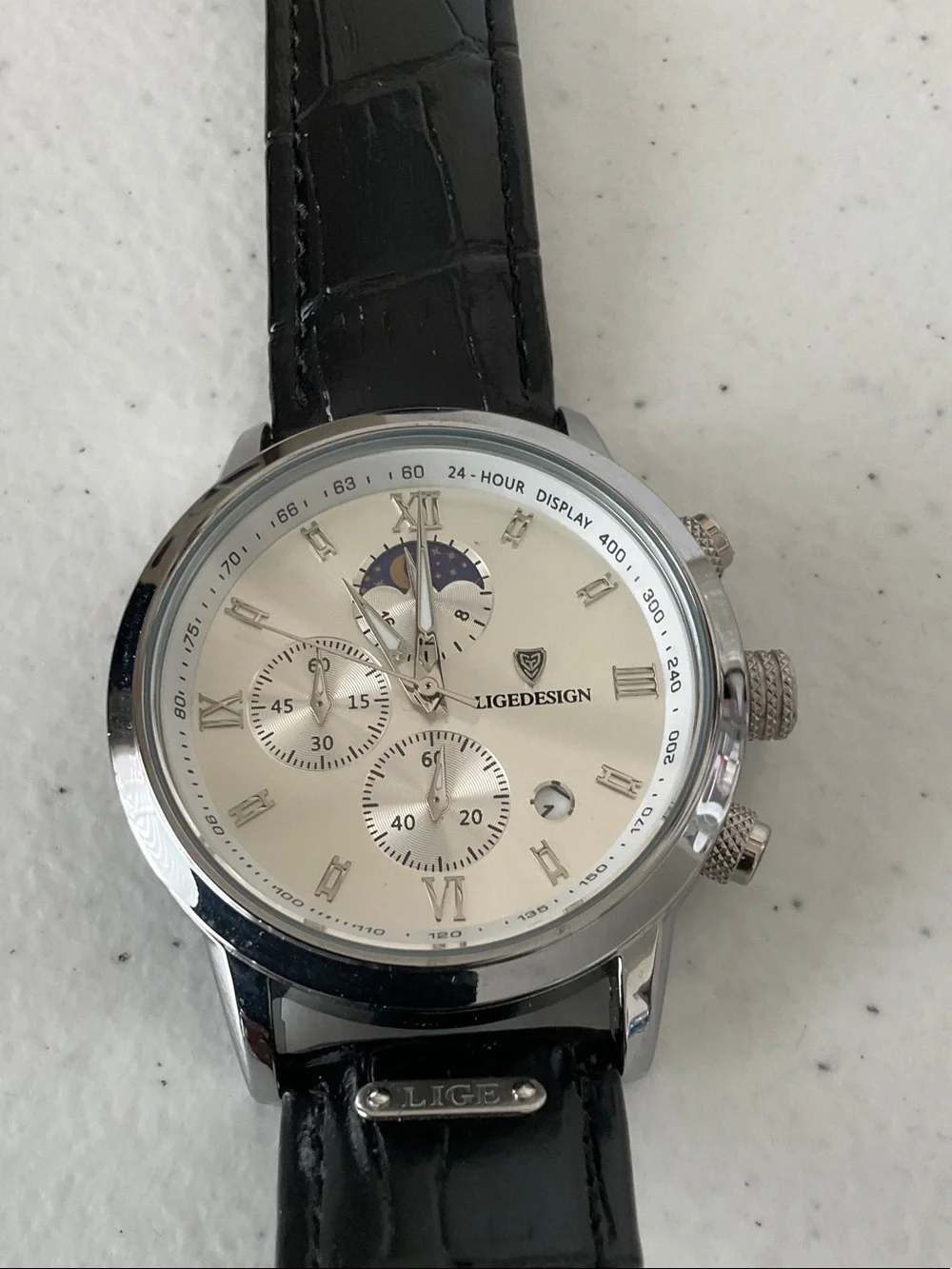 LIGEDESIGN Silver Chronograph Watch with Black Leather Strap